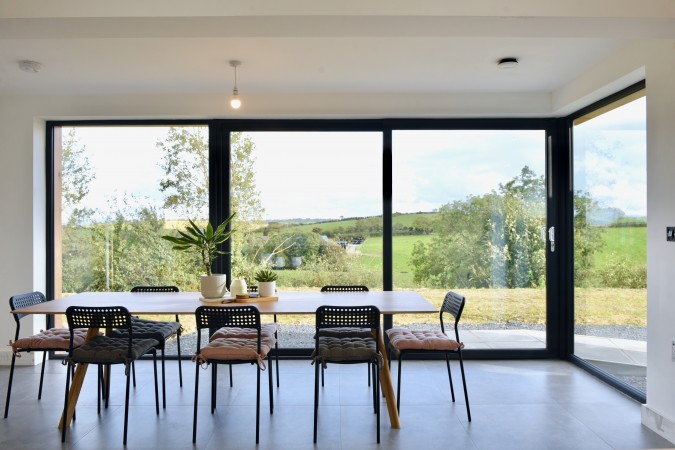 The open plan kitchen looking out onto the garden