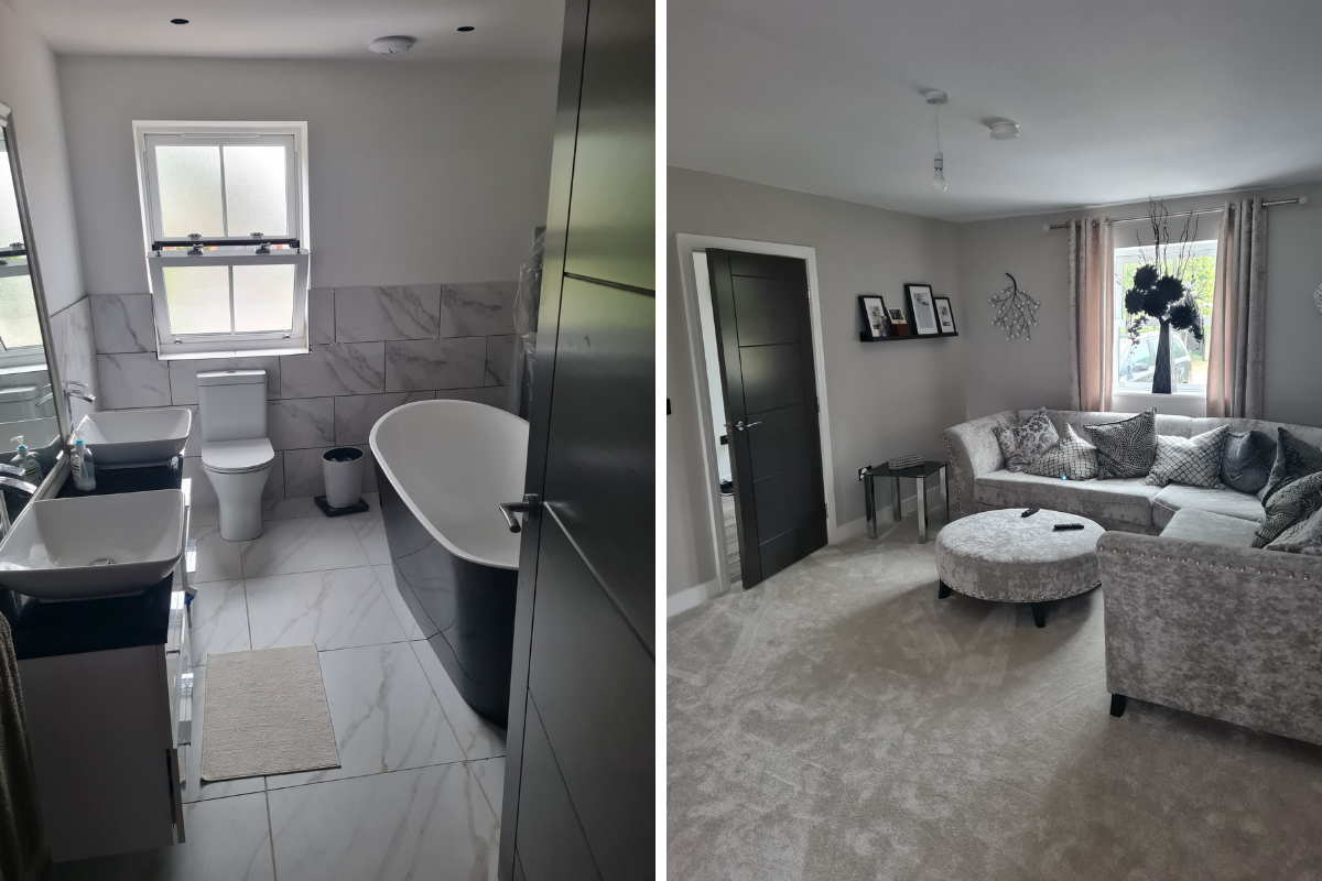 The bathroom and living room of James' self-build