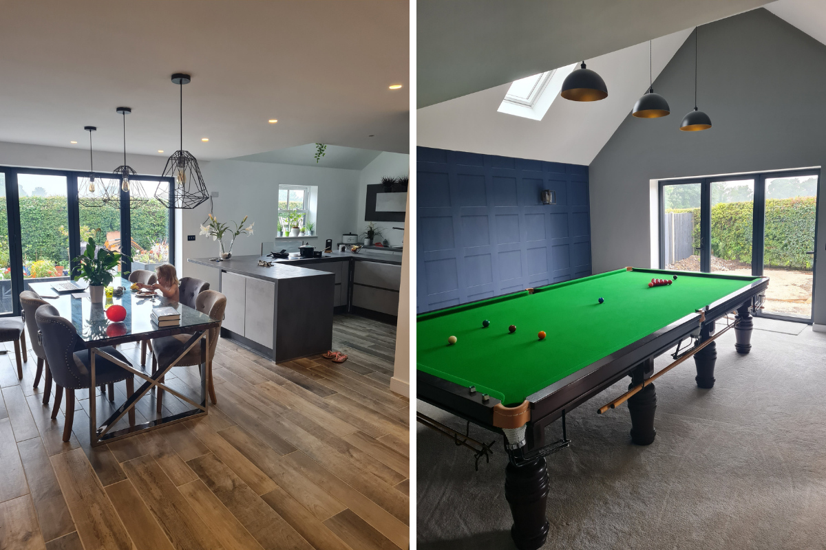 The kitchen and games room in James' self-build